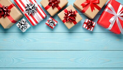 Obraz premium Gift giving celebration home image of wrapped presents festive atmosphere top down view holiday spirit