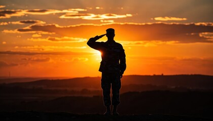 Soldier saluting at sunset military location inspirational image natural landscape silhouette view honor and respect