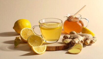 a still life arrangement with ingredients for a health drink. It features lemons, ginger, honey, and a cup of tea
