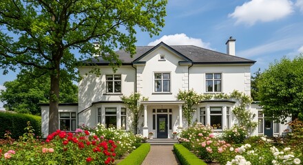 Elegant white building with driveway windows lush green trees and vibrant flower garden trees landscape residential property real estate
