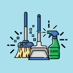 Cleaning tools: broom, dustpan, and spray bottle illustration.