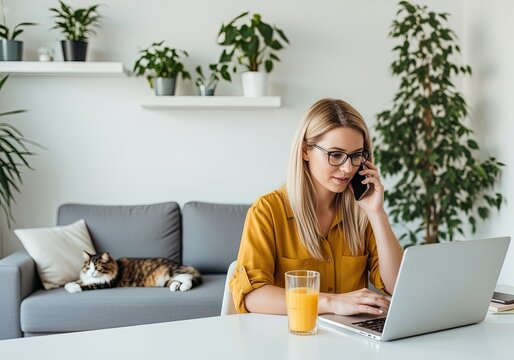 Young woman working remotely from home with laptop and phone, drinking orange juice at modern bright desk, surrounded by plants, while her cat rests on sofa, symbolizing work life balance and producti - Powered by Adobe