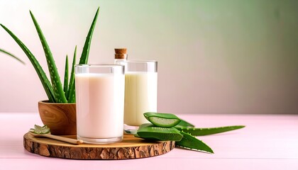 Matcha Cream and Aloe Vera on Pink Background