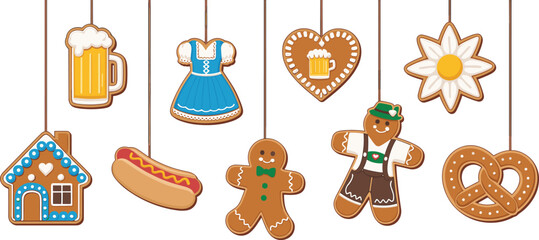 Colorful Oktoberfest gingerbread cookies hanging decoration set with beer mug, pretzel, dress, heart, gingerbread men, flower, sausage.