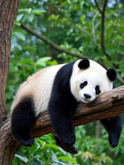 Obraz premium Panda relaxing on tree branch bamboo forest wildlife photography natural habitat close-up view animal behavior