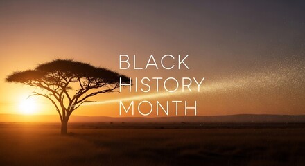 Black History Month design with sun and tree silhouetted in warm tones. Ideal for heritage celebration, African culture, and educational projects with symbolic imagery. 