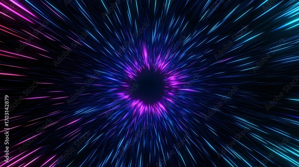 Poster the image shows an abstract tunnel with neon lines of pink and blue converging towards a dark center