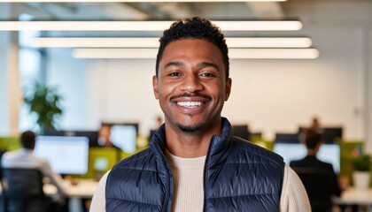 Obraz premium Professional smiling man in modern office environment business portrait bright workspace positive vibes