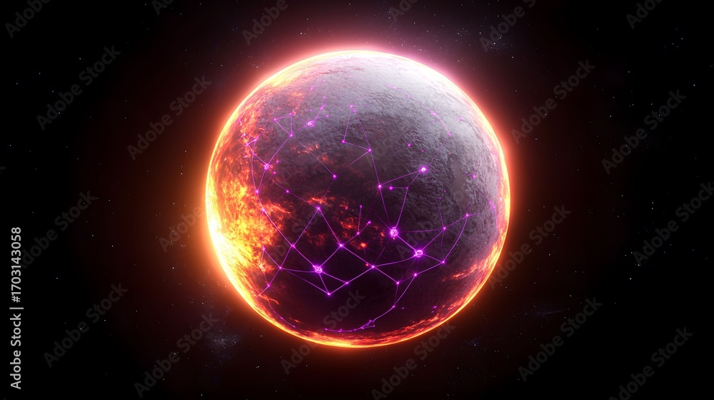 Poster the image shows a planet in space, partially covered in bright orange and red with a network of purp