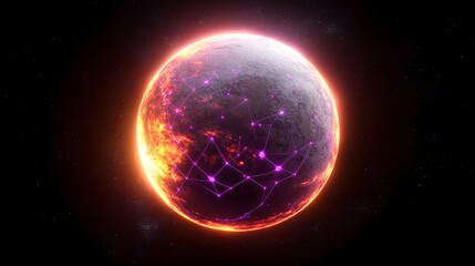 Obraz premium The image shows a planet in space, partially covered in bright orange and red with a network of purple lines and points overlaying the surface and a dark background.