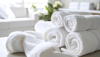 Neatly Rolled White Towels on Table, Soft Lighting, Clean Background