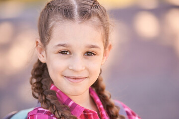 Fototapeta premium Smiling caucasian female child outdoors with braided hair in pink plaid shirt.