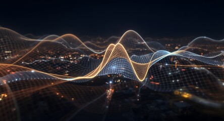 Abstract glowing network wave over city lights at night, digital data flow concept, futuristic technology background