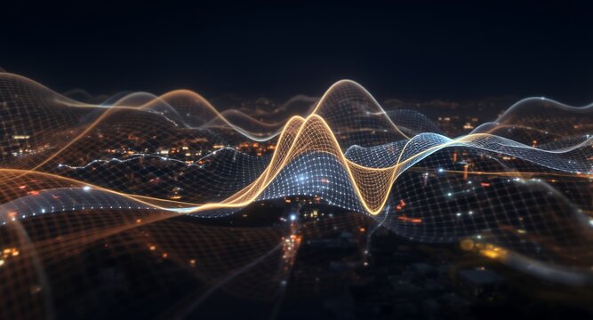 Abstract glowing network wave over city lights at night, digital data flow concept, futuristic technology background - Powered by Adobe
