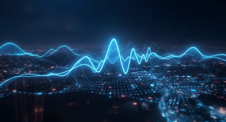 Abstract glowing wave over city at night, digital landscape, futuristic technology background, network connection, data flow, modern design, cyberpunk style, artificial intelligence, virtual real