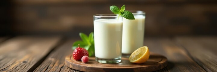 Cool, refreshing milk in vintage glasses on rustic wood , image, style
