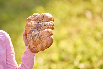 Child holding freshly baked poppy seed challah bread in sunlit garden setting.