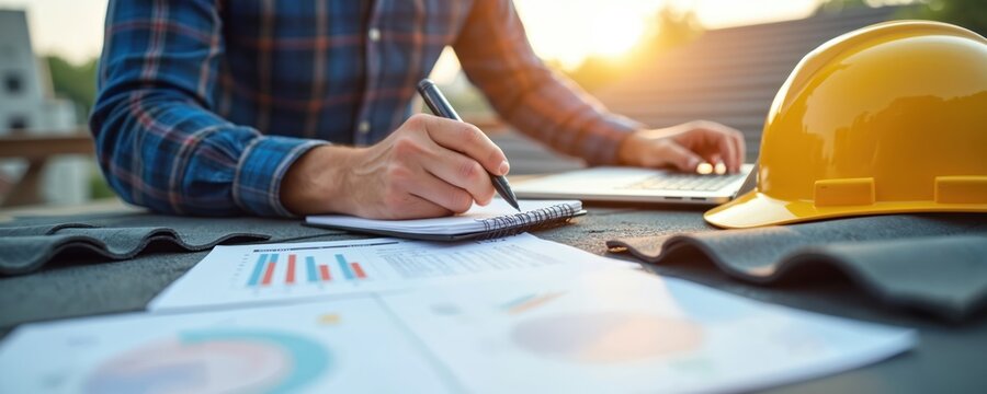 Construction contractor calculates roofing estimate, prepares material list, budgets home renovation project. Person uses laptop, notepad for cost breakdown, expense tracking, financial planning.