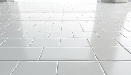 Clean, glossy white ceramic tiles form reflective geometric pattern on floor. Modern, minimalist surface features grid layout with subtle shadows, highlights, creating bright, spacious architectural
