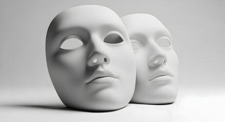 White Plaster Masks Overlapping in Soft Lighting on a White Background