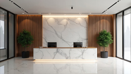 Modern office reception features sleek marble desk with wood paneling and potted plants. Contemporary lobby design embodies luxury, style, professionalism, and clean minimalist aesthetics.
