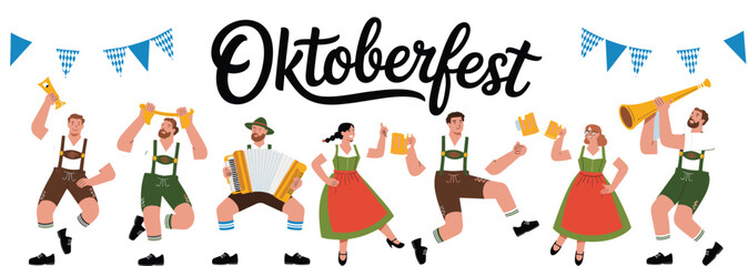 Colorful Oktoberfest illustration with people dancing, drinking beer, playing accordion, wearing traditional Bavarian costumes, and festive decorations
