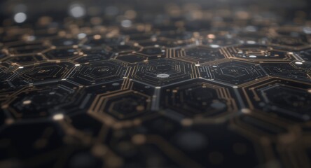 Abstract Hexagon Technology Background, Futuristic Circuit Board Pattern, Digital Network, Hi-Tech Design, Golden Lines, Dark Background, 3D Render, Science Fiction, Cyber, Connectivity, Network,