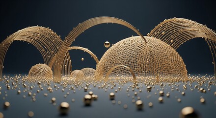 Abstract Golden Geometric Shapes, 3D Render, Luxury Design, Elegant Background, Wireframe Spheres and Arcs, Metallic Texture, Modern Art, Premium Design, Gold Ornament, Decorative Element, Sphere
