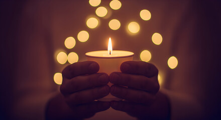 Close Up of Hands Holding Candlelight Against Bokeh Lights Warm and Serene