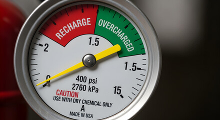 Close up Shot of Fire Extinguisher Pressure Gauge with Recharge and Overcharge Indicators