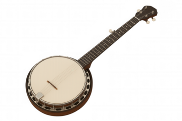 Classic five-string banjo lying on a transparent background, ready for bluegrass or folk music compositions