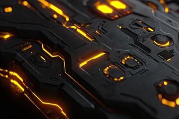 Glowing orange circuits etched into a dark, metallic, textured surface; a futuristic, technological, possibly industrial design with a worn aesthetic