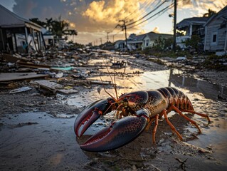 Lobster in debris-filled street with damaged houses in the background, under cloudy sky. AI.