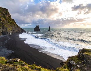 Dramatic black sand beach at sunset