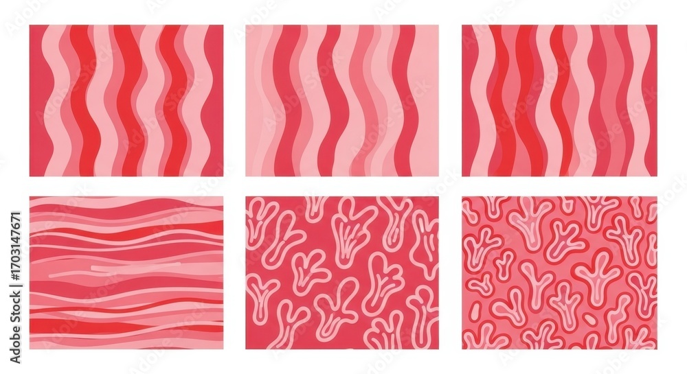 Poster Collection of six seamless wavy and abstract patterns in shades of red