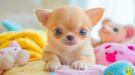 A small, light brown Chihuahua puppy is lying on colorful soft toys. AI.