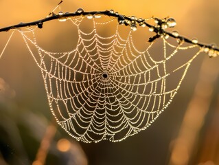 A spiderweb covered in dewdrops hangs from a branch. AI.