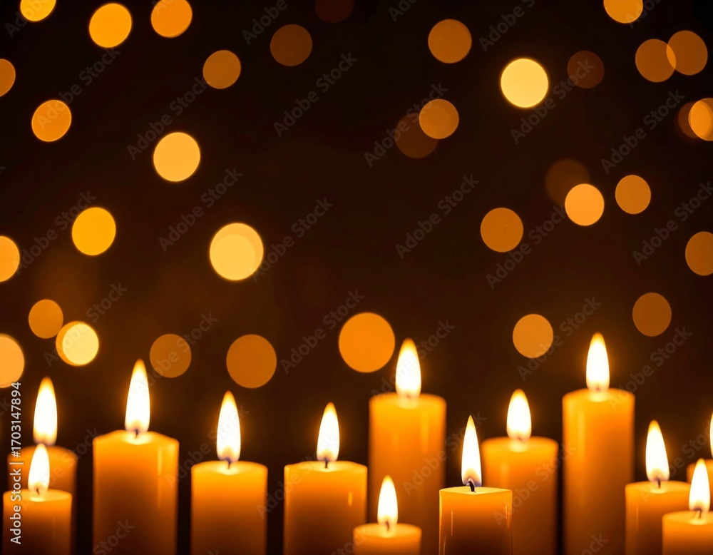 Aufkleber array of yellow wax candles with flames and bokeh on dark background creates warmth