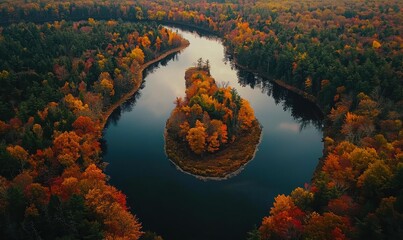 Dark river encircles a colorful, tree-covered island in a forest with autumn foliage. AI.
