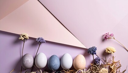 Pastel Easter Eggs Nestled in Straw with Dried Flowers on Pink Background