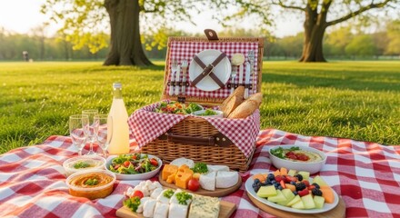 Idyllic picnic scene in a sunlit park with gourmet food arrangement