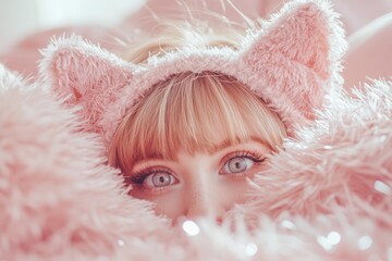 A woman with blue eyes peers out from behind pink fluffy fabric and a pink furry cat-eared headband. AI.