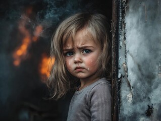 A tearful child stands next to a charred door frame. Flames and smoke rise in the background. AI.