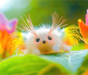 Fuzzy white insect with yellow wings and antennae sits on a green leaf with flowers in the background. AI.