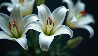 Fototapeta premium Close-up of delicate white lily flowers with green stems, orange anthers against dark background. Illustration symbolizes memories, serenity, offering pure, clean aesthetic with high contrast.