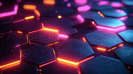 Honeycomb Grid: An eye-catching close-up showcasing a geometric honeycomb structure illuminated with neon colors, blending futuristic design with a touch of technological vibrancy.