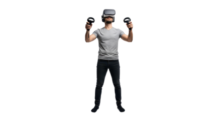 Man immersed in virtual reality with VR headset and controllers isolated PNG with Transparent Background