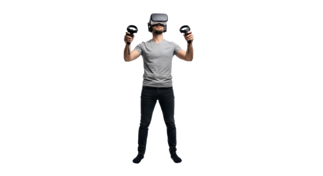 Man immersed in virtual reality with VR headset and controllers isolated PNG with Transparent Background