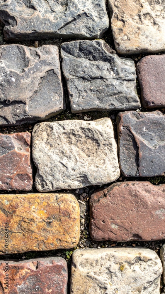 Poster close up of multicolored cobblestone pavement texture with rough surface and varied stone sizes