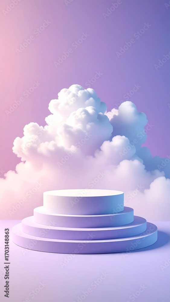 Poster white clouds with purple gradient background and round display podium for showcase